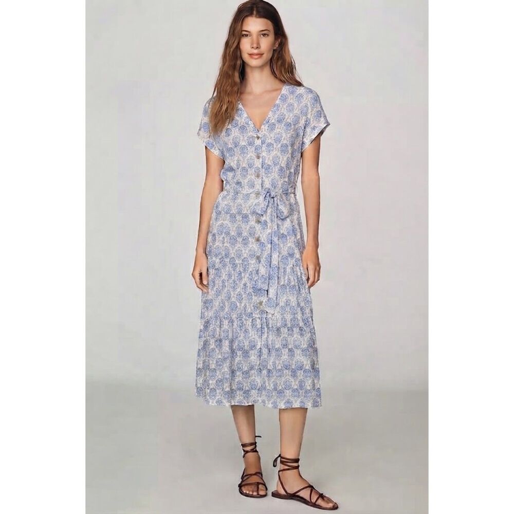 NWT Lucky Brand Blue Floral V-Neck Tiered Midi Dress with Belt Size M
